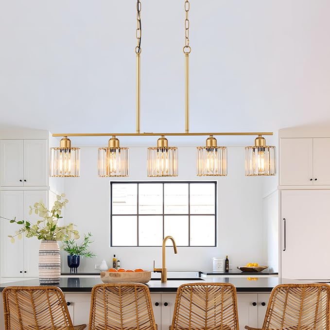 36" Chandeliers for Dining Room, Brass Pendant Lights Kitchen Island Lighting, 5-Light Gold Dining Room Light Fixture Chandeliers over Table Brushed Gold Island Lights for Kitchen, K9 Crystal Shades