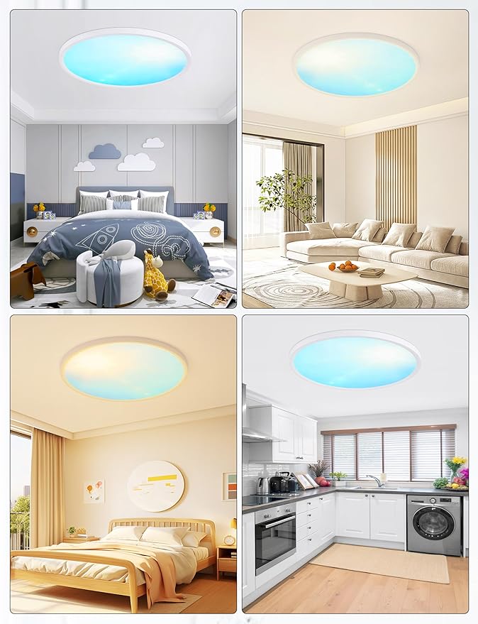 16 Inch Flush Mount Ceiling Light with Blue Sky Cover, Dimmable Ceiling Lamp with Remote, 32W LED Lighting Fixtures Sunlight Effect, Modern Slim Design for Classroom Bedroom Living Room, Round White