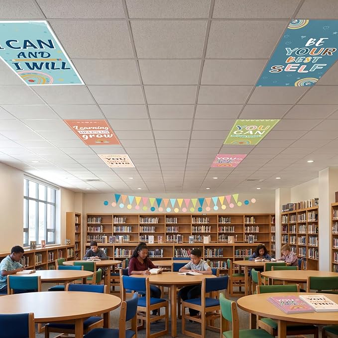 8Pcs Back to School Light Covers Decorations Set: 6Pcs Fluorescent Light Filters with 60 Magnets for Ceiling Colorful Triangle Dot Banner, Welcome First Day Decor for Classroom Office Party Supplies