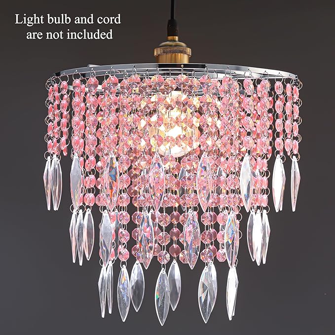 Pink Acrylic Chandelier Shade Modern Ceiling Light Shade Beaded Pendant Lampshade with Acrylic Beads and Chrome Frame Diameter 11.81 inches