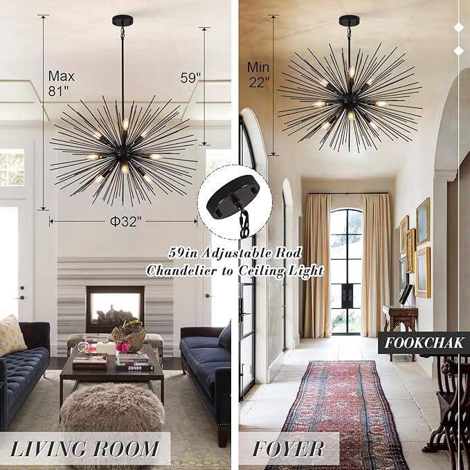 32in Black Sputnik Chandelier Solid Metal Starburst Chandelier Light Fixture 9-Light Mid-Century Modern Satellite Light Fixture for Living Room Dining Room Foyer Study Room Bathroom,E12