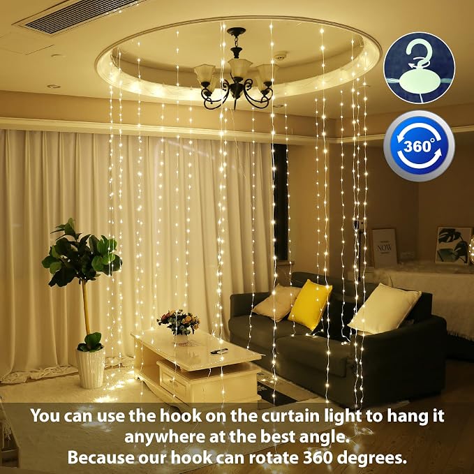 HXWEIYE 300LED Fairy Curtain Lights, 9.8x9.8Ft USB Plug-in 8 Modes Christmas String Hanging Lights with Remote for Bedroom Backdrop Wedding Indoor Wall Decor, Warm White, Tangle-Free – 1 Pack