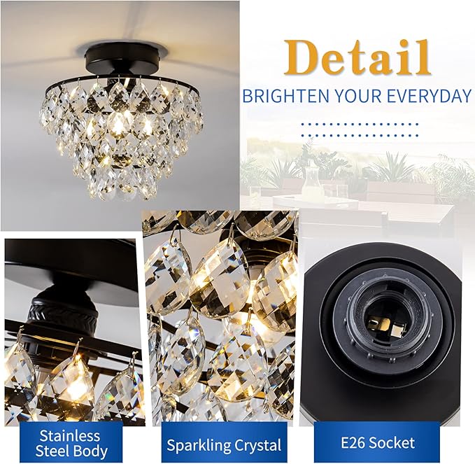 CM MZY Modern Small Crystal Ceiling Light Fixture, Matt Black Semi Flush Mount Ceiling Light Fixture, Mini Crystal Chandeliers for Hallway Bedroom Bathroom Closet Bedroom Foyer