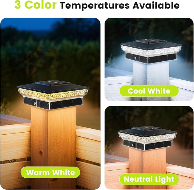 KEILAIMO Solar Post Cap Lights 12 Packs for 4x4 Wooden/Vinyl Posts, IP65 Waterproof Fence Post Solar Lights with Warm/Cool/Neutral Lighting, Outdoor Post Lights for Garden, Patio, Porch- Black