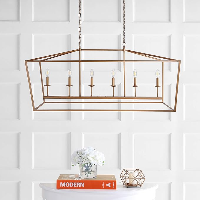 JONATHAN Y 49" Antique Gold Lantern Pendant Light, 6-Light Pagoda Style Metal Cage Farmhouse Hanging Ceiling Fixture for Kitchen Island, LED Bulb Included (JYL7439B)
