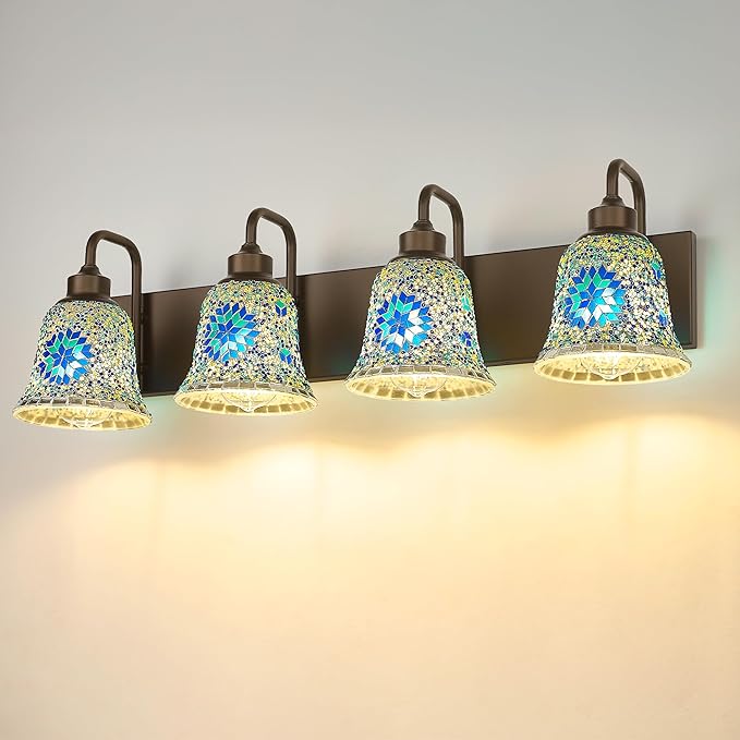 zeyu 4-Light Bathroom Wall Light, 30 Inch Bronze Vanity Lights, Bathroom Lights Over Mirror in Oil Rubbed Bronze Finish with Blue Mosaic Glass, ZSL72B-4W ORB-BL