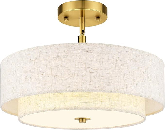 AUTELO 18" Semi Flush Mount Ceiling Light, 3-Light Farmhouse Ceiling Light in Brushed Gold Finish with Drum Fabric Shade, Gold Light Fixtures Ceiling Mount for Hallway Bedroom Kitchen, C2506 BG-18