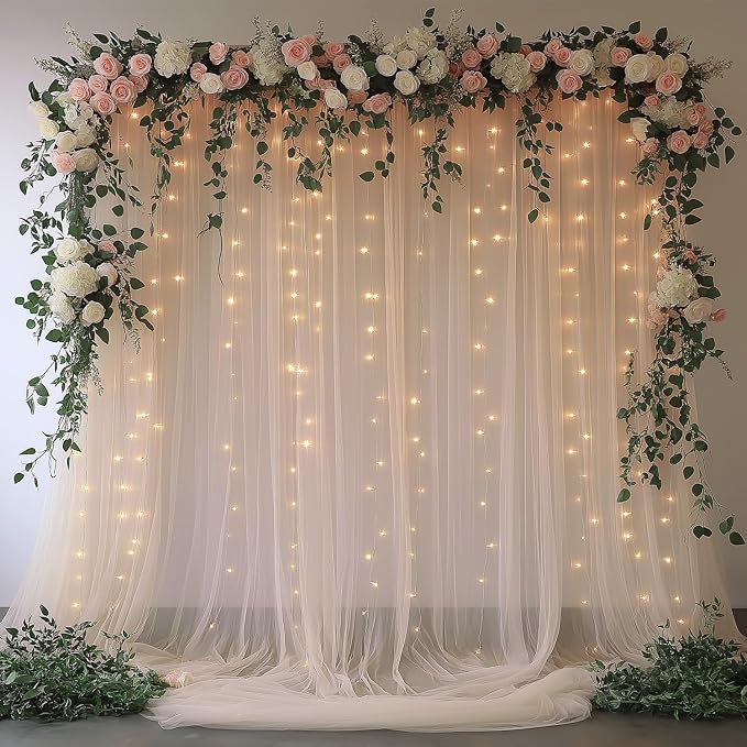 10x10ft Champagne Tulle Backdrop Curtain with Lights String Sheer Drapes for Wedding, Birthday, Baby Shower, Bridal Shower, Photo Booth, Party, Home Decor (2 Panels)