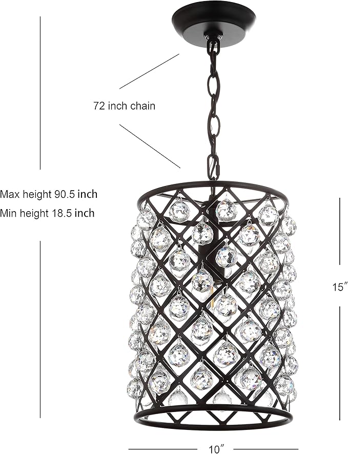 JONATHAN Y 10" Oil Rubbed Bronze Crystal LED Pendant Light, Adjustable Metal Chandelier for Kitchen Island, Entryway, Foyer, Clear Hand-Polished Crystal Shade, LED Bulb JYL9025A