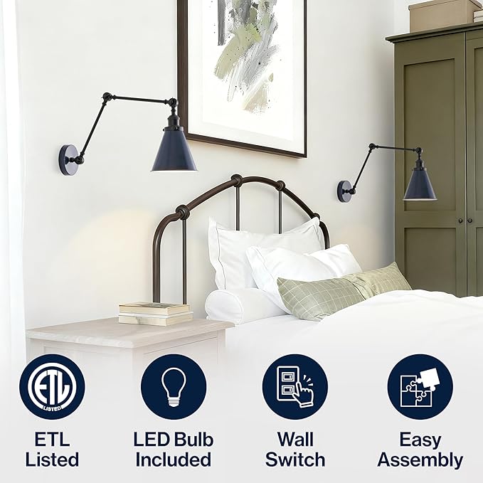 JONATHAN Y 7" Navy/Black Classic Industrial Metal Adjustable Arm LED Wall Sconce for Bedside Reading, Farmhouse Swing Arm Wall Lamp with Metal Shade, Hardwired (JYL7462G-SET2)