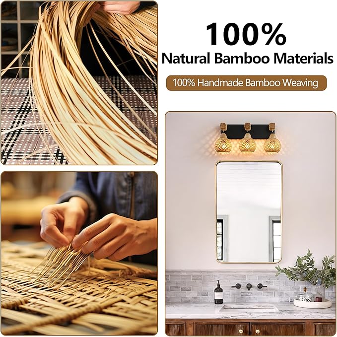 LmnLvn Farmhouse Bathroom Light Fixture, 3-Light Boho Vanity Light, Bamboo Bathroom Light Fixture Over Mirror Rustic Vanity Lighting with Handmade Bamboo Shades, Suit for Restroom, Bedroom, Hallway
