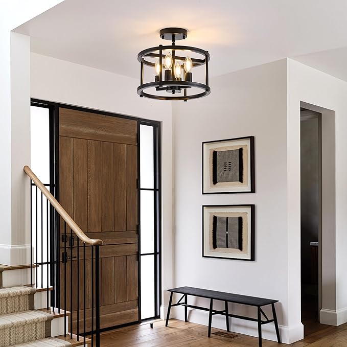 Black Semi Flush Mount Ceiling Light, 4-Light Farmhouse Industrial Ceiling Light Fixture for Hallway Entryway Kitchen Bedroom, Rustic Metal Low Ceiling Light, E12 Base, Bonus Bulbs