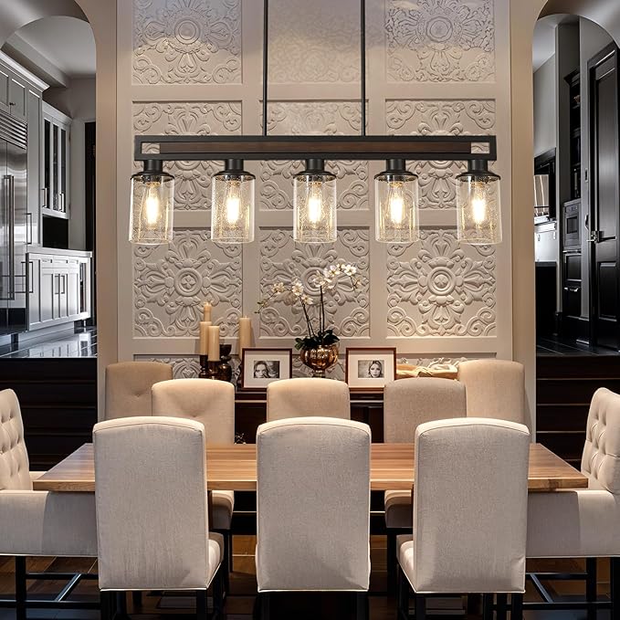 Farmhouse Dining Room Light Fixture, 5-Light Wood Kitchen Island Lighting for Dining Room Over Table, Black Adjustable Pendant Light with Seeded Glass Shades, Linear Chandeliers Lighting for Kitchen