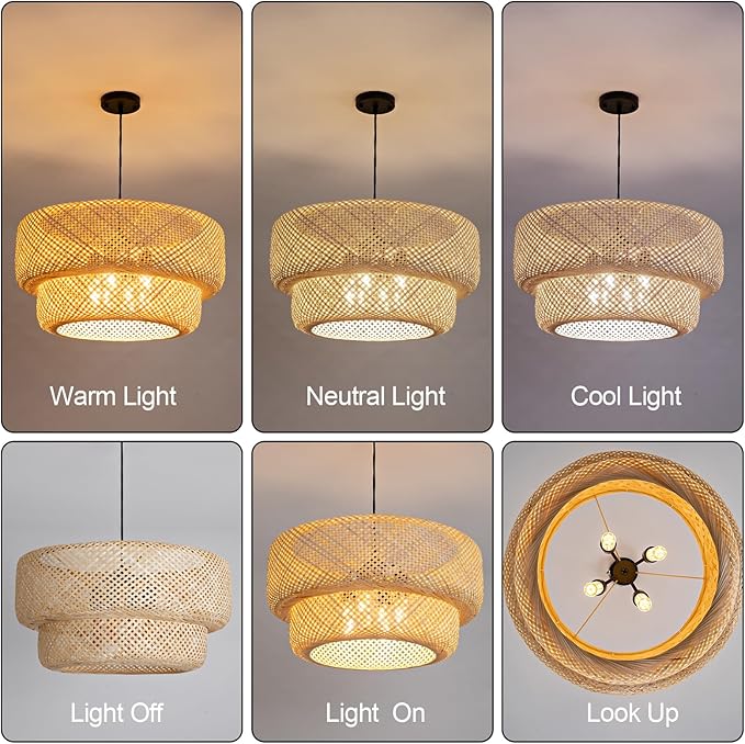23.62” Farmhouse Bamboo Chandelier 4-Lights Large Hand-Woven Rattan Pendant Light Boho Wicker Dining Room Lights Fixtures for Living Room Bedroom Restaurant Cafe Kitchen Island