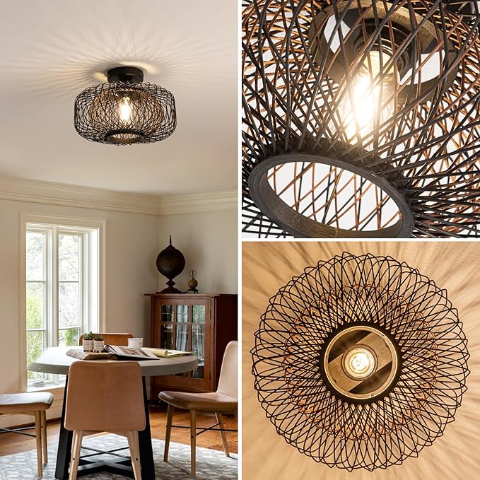 13" Black Boho Rattan Ceiling Light - Handwoven Bamboo Shade, Matte Black Base, Flush Mount Farmhouse Lighting for Bedroom, Living Room (Brown Interior, E26)