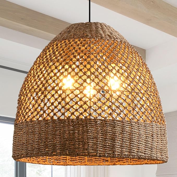 19” Large Rattan Pendant Light Fixture,3 Light Boho Handmade Woven Wicker Rattan Ceiling Farmhouse Chandelier for Kitchen Island Dining Rooms, Corridors, and Entrance Halls.