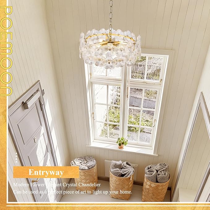 14" Clear Flower Glass Chandelier Elegant 4 Lights Modern Gold Pendant Lighting Fixture for Kitchen Island Dining Room Bedroom Entryway Hallway, G9