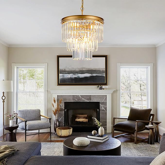 15.8" Gold Crystal Chandelier 6-Lights Crystal Round Pendant Lights 3-Tier Luxury Hanging Ceiling Light Fixture for Hallway Dining Room Living Room Bedroom Kitchen Island Stairway Entryway