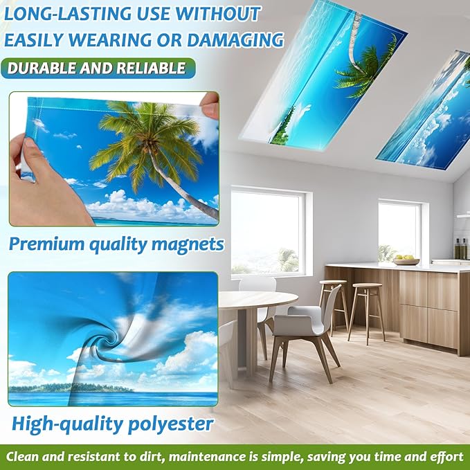 6 Pcs Fluorescent Light Covers with 60 Magnets Decorative for Classroom Ceiling Lights 4 x 2 Feet Magnetic Light Cover Filter Easy Install for Hospitals Drop Home Office Ceiling Supply(Coconut Tree)