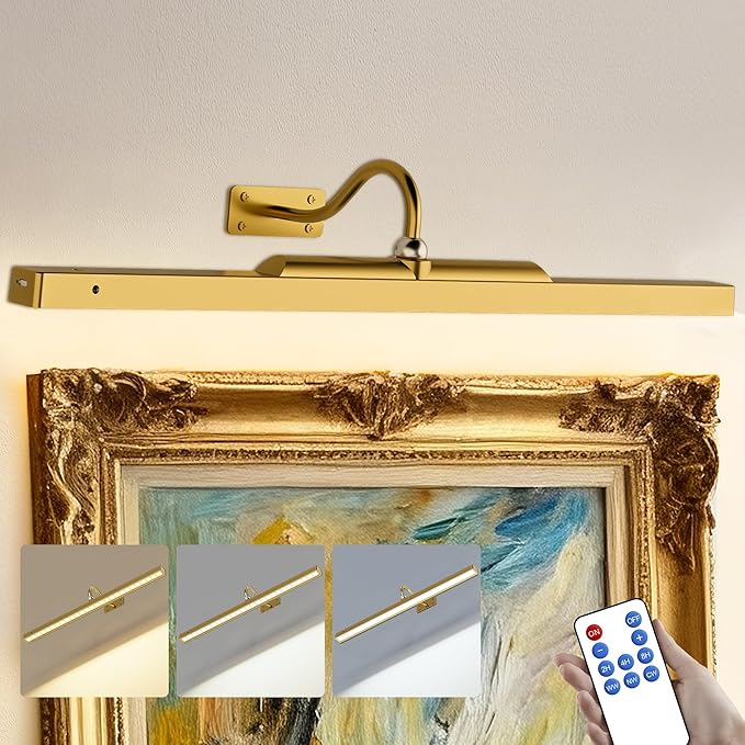 24 Inch Picture Light for Wall - Battery Operated Wireless Wall Sconce with Remote & Timer for Artwork, Portrait, Photo & Frame (Antque Gold)
