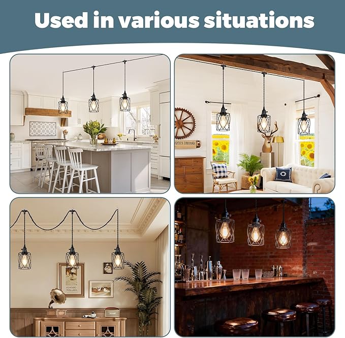 3-Light Plug in Pendant Light, 19FT Hanging Lights with Plug in Cord and On/Off Switch, Industrial Twisted Black Rope Hanging Pendant Fixtures with Metal Shade for Dining Room Kitchen Bedroom