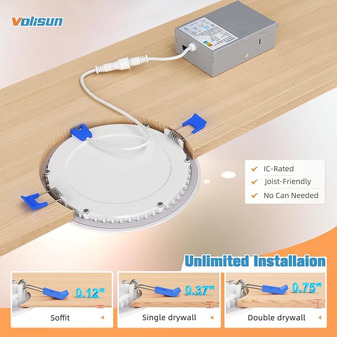 VOLISUN 12 Pack 6 inch Recessed Lighting, 5CCT LED Recessed Light with Junction Box, 2700K-5000K Selectable, 13W Eqv 120W, 1080LM Dimmable Canless Wafer Downlight, LED Ceiling Light ETL Certificated