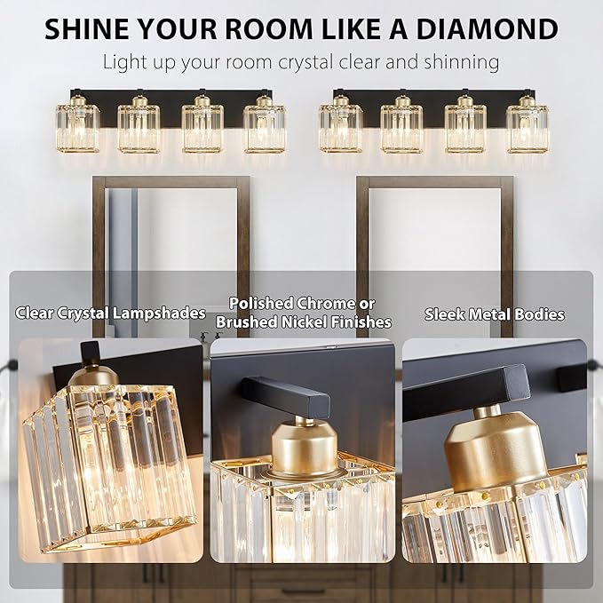 Bathroom Vanity Light Fixtures Over Mirror 4 Crystal Lights - Makeup Lighting Black Gold - for Modern Wall, Bath, Desk, Farmhouse, Hallway
