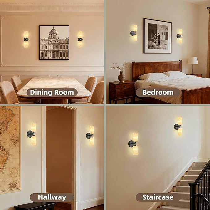 Alabaster Wall Sconce, Solid Brass Bronze Finish Sconce with Natural Spanish Alabaster, 14.4 in Bathroom Vanity Lights, Hardwired Wall Lamp for Bedroom Hallway Staircase, G9 LED Bulb