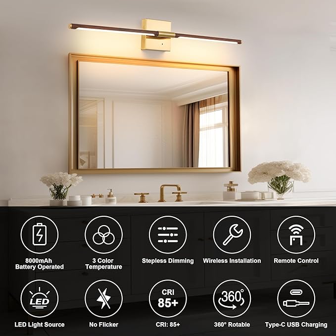 Morauroral 30″ Walnut Battery Operated Wall Sconces with Remote Control, Rechargeable Wall Sconces Set of 2, LED Sconces Wall Lighting, Wireless Wall Lights for Bedroom, Living Room, Background Wall