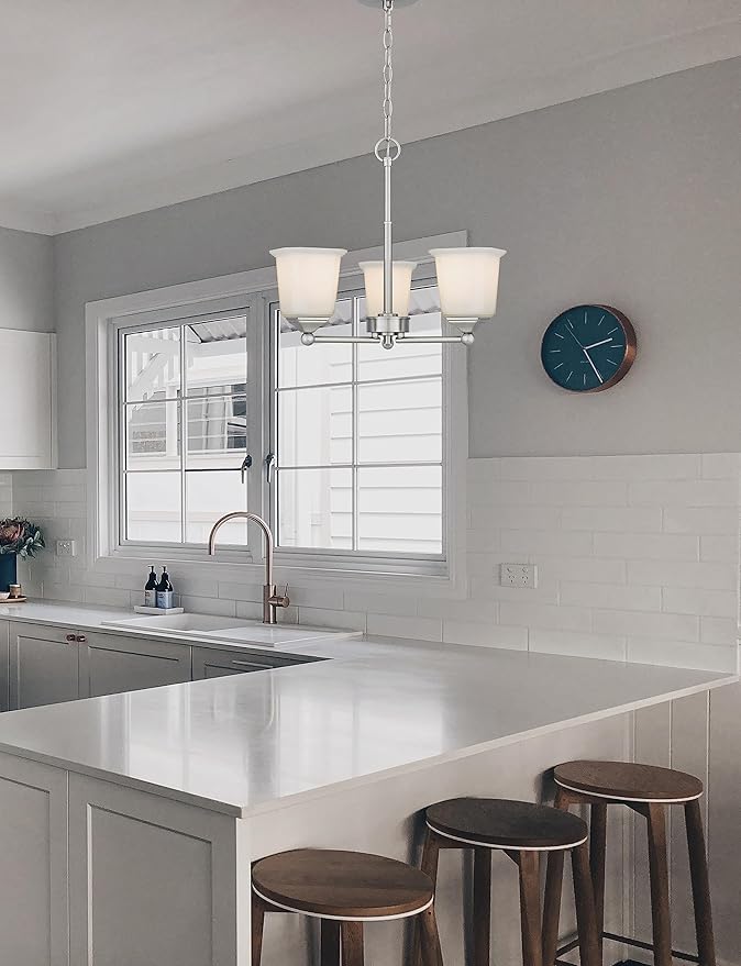 Tawson Nox 3-Light Chandelier Pendant Ceiling Light Brushed Nickle White Glass Shade Adjustable Height for Hallway, Entryway, Passway, Dining, Bedroom, Kitchen, Balcony Living Room