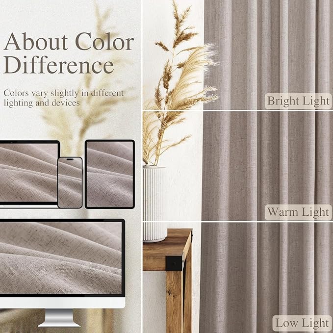 Nanspring Brownish Grey Linen Curtains for Living Room 112 Inches Long Back Tab Light Filtering Semi Sheer Curtain Modern Farmhouse Decor for Bedroom Office Luxury Textured Drapes 52x112, 2 Panels
