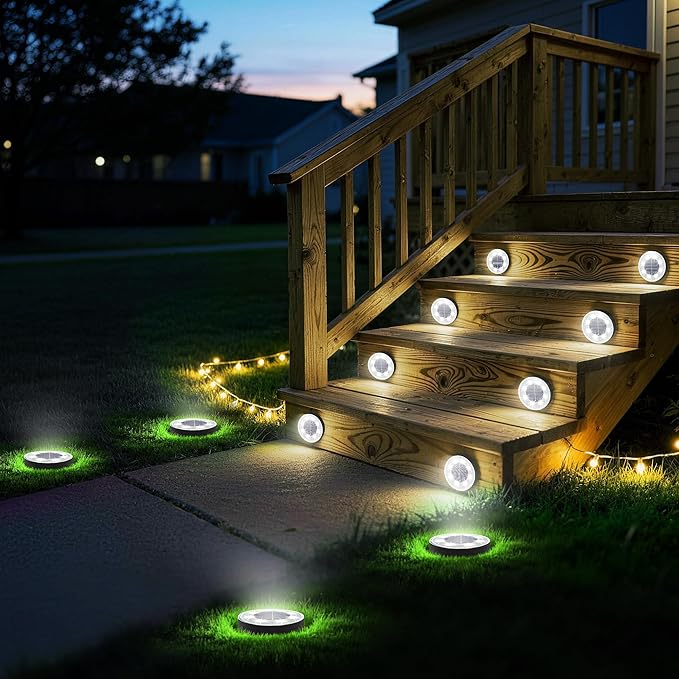 Joomer 2-in-1 Solar Lights Outdoor Waterproof Solar Powered Ground Lights | 8 Pack 8 LED Solar Garden Lights Disc Landscape Lighting for Patio Pathway Lawn Yard Driveway Walkway (White)