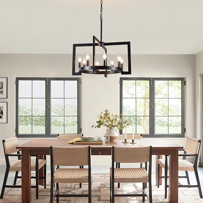 21.65" Modern Black Chandelier 8-Lights Geometric Industrial Round Pendant Light, Hight Adjustable, Vintage Light Fixtures for Kitchen Island Dining Room Living Room and Foyer
