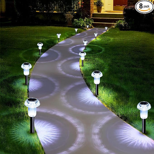 Priddop Pathway Solar Lights Outdoor Waterproof 6000K Cold White LED 8 Pack | Mushroom Yard Garden Decorative Driveway Walkway Outside Patio Replaceable Battery Acrylic ABS Stake Landscape Path Lights