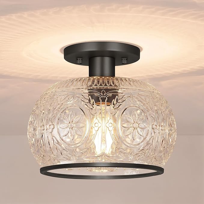 Black Vintage Semi-Flush Mount Ceiling Light with Globe Glass. Ideal for Small Kitchen, Closet, Hallway, Entryway, and Bathroom Lighting