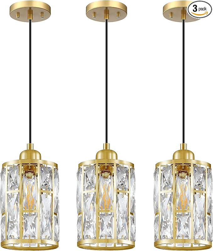 3 Pack 1 Light 5.4" Crystal Shade Hanging Kitchen Island Pendant Light Gold Finish,Modern Pendant Fixture with Crystal Metal Shade for Bar,Dining Room,Living Room Over Sink