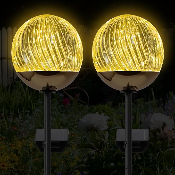 Solar Ball garden Stake Lights - Elegant Outdoor Acrylic Ball Garden Lights, Exquisite Solar garden Globe stake light,out door decor for Yard, Pathway, Patio , gifts for Mom (Black stake , 2 pack)