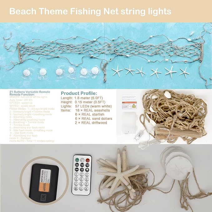 Seashell Garland 6.0FT (Length) × 0.5FT (Height) Rectangular Net Lights Beach Decor USB Battery Operated Ocean Light with Real Starfish Sand Dollars - Magic Conch Shell Beach Decorations for Home