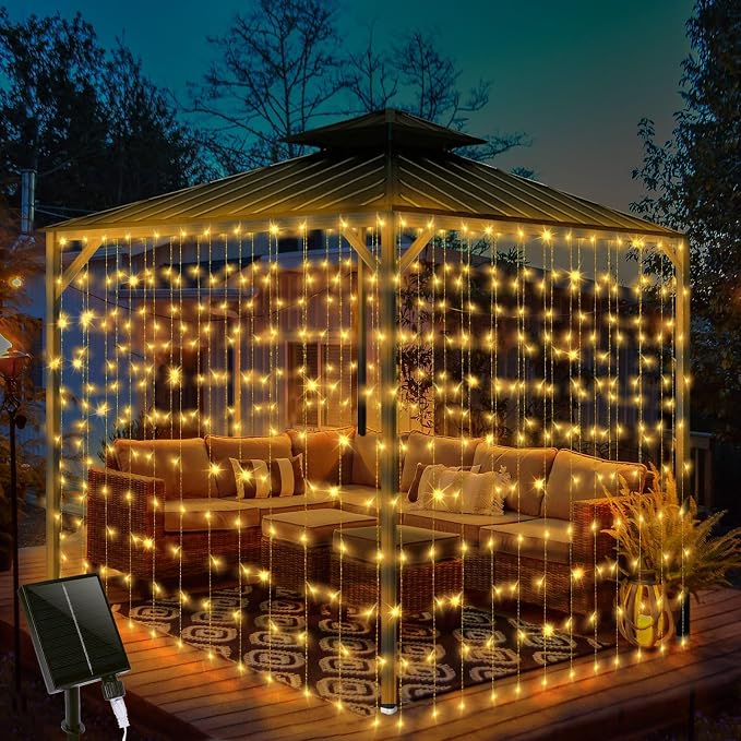 32.8 * 6.56FT Large Size Solar Curtain Lights Outdoor, 8 Modes Outdoor Curtain String Light, Solar Garden Christmas Lights Decortions for Patio, Gazebo, Eaves, Fence, Tree, Porch (Warm White)