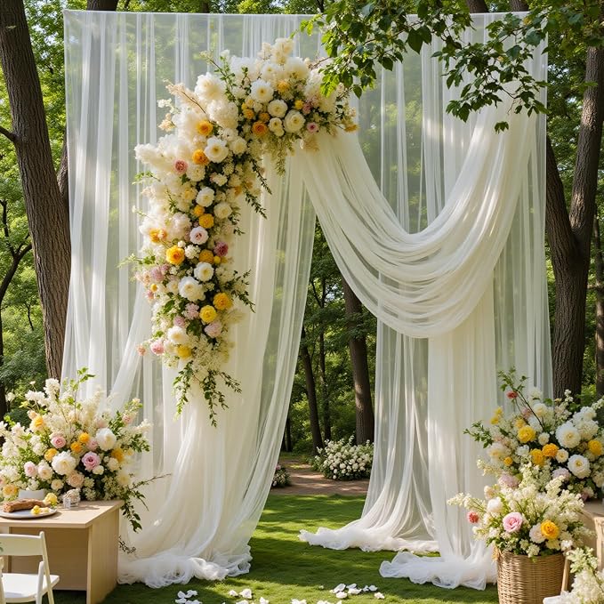 20×10ft White Tulle Backdrop Curtains with Lights String for Wedding Parties Sheer Backdrop Curtain Backdrop for Engagement Bridal Baby Shower Birthday Party Home Decoration 5ft×10ft, 4 Panels