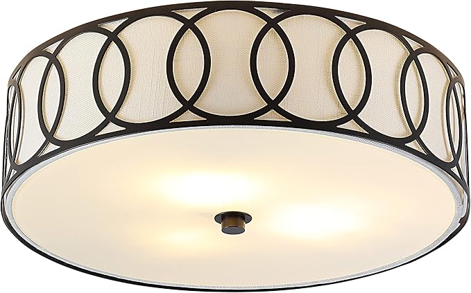JONATHAN Y 15.5" Oil Rubbed Bronze Modern Metal LED Flush Mount Ceiling Light for Bedroom Hallway, White Linen Drum Shade with Geometric Fretwork, LED Bulbs Included (JYL3503C)