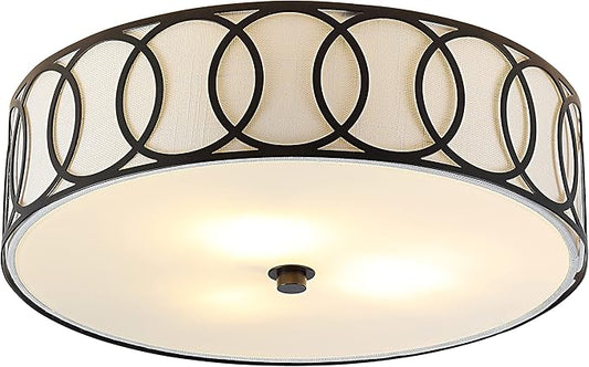 JONATHAN Y 15.5" Oil Rubbed Bronze Modern Metal LED Flush Mount Ceiling Light for Bedroom Hallway, White Linen Drum Shade with Geometric Fretwork, LED Bulbs Included (JYL3503C)