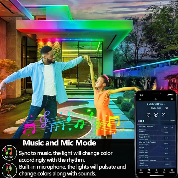 50FT Ws2812 RGB+IC LED Strip Lights IP68 Outdoor Waterproof, 5V USB Powered, Music Sync Bluetooth APP/RF Remote Control Lights for Balcony,Deck,Camping,Garden,Bedroom Decor
