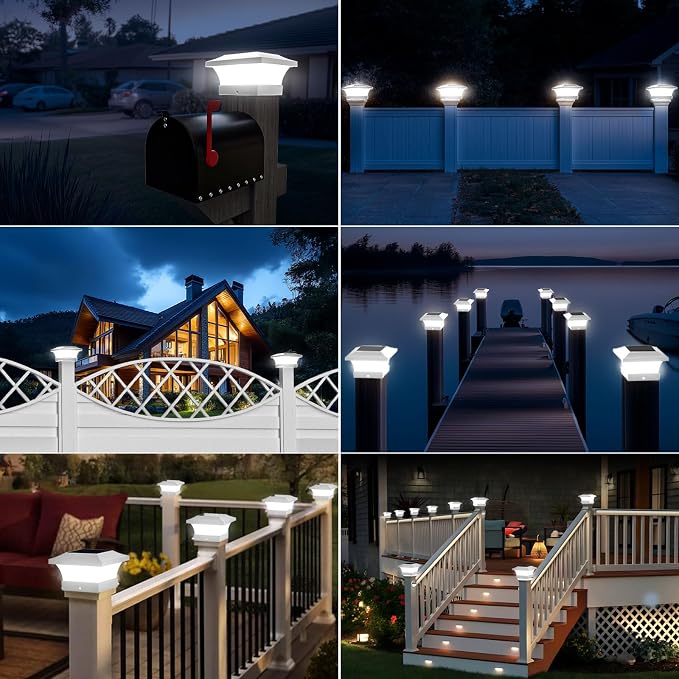 T-SUN Solar Post Cap Lights, Waterproof Outdoor Solar Powered Deck Fence Post Lights for 4 X 4 Wooden/Vinyl Posts, 6000K Cool White Lighting Decor for Deck, Patio, Garden, Porch, Fence(White - 2 Pack)