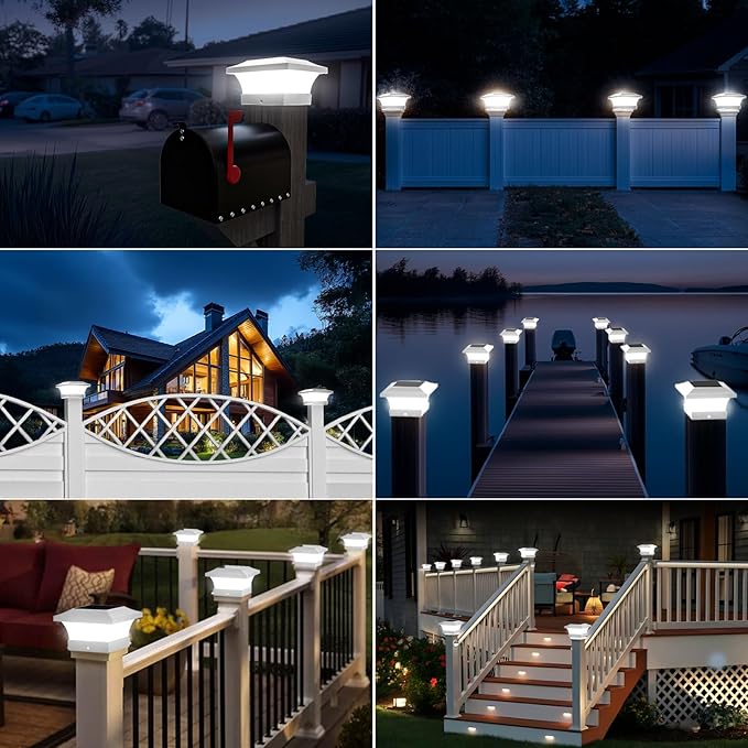 T-SUN Solar Post Cap Lights, Waterproof Outdoor Solar Powered Deck Fence Post Lights for 4 X 4 Wooden/Vinyl Posts, 6000K Cool White Lighting Decor for Deck, Patio, Garden, Porch, Fence(White - 6 Pack)