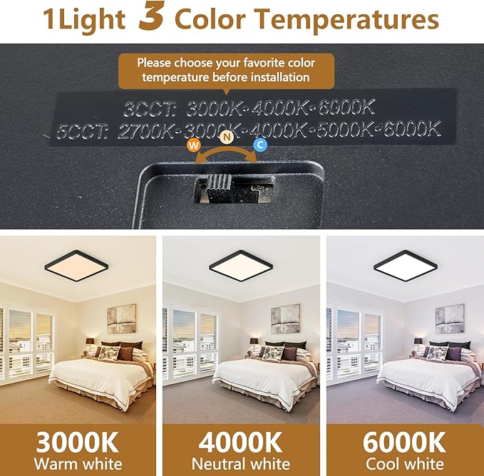 12 Inch Square LED Flush Mount Ceiling Light, 30W, 3000LM Square Light Fixture 3000K/4000K/6000K CCT Selectable, LED Flat Panel Ceiling Light Fixture for Bedroom,Kitchen,Living Room (2PK-Black)