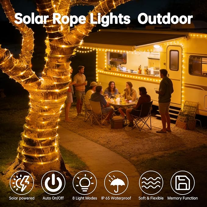 Solar Roep Lights for Outside, 2 Packs Total 66ft 200 LED Solar String Light with 8 Modes, Waterproof Solar Outdoor Light for Patio Garden Party Tree Proch Pool Holiday Xmas Decor-Warm White