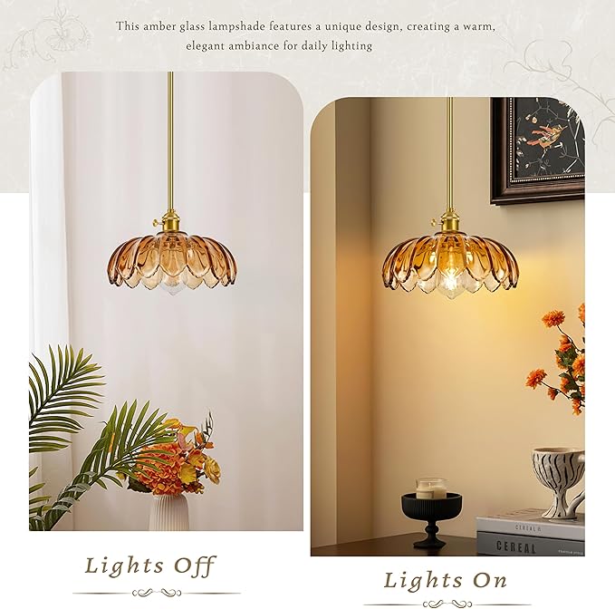 Mid Century Modern Pendant Light 2 Pack Hanging Adjustable Pendant Lights with Brushed Gold Fixture Amber Flower Glass Vintage Chandelier for Kitchen Island Bedroom Dining Room（Bulb Incl.）