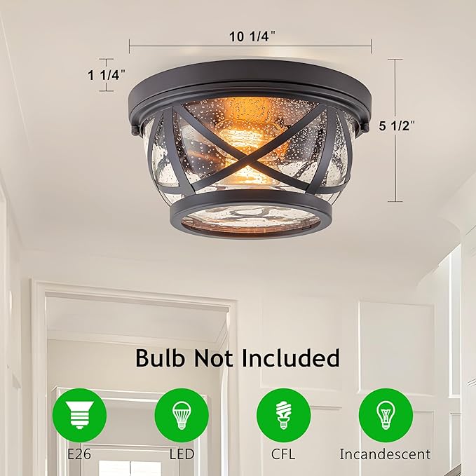 Bronze Flush Mount Ceiling Light Fixtures, 2-Light Ceiling Mount for Industrial with Seeded Glass Lampshade, Modern Flush Mount Light Fixture Farmhouse for Hallway, Kitchen, Entryway and Foyer