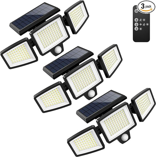 Tuffenough Solar Outdoor Lights 2500LM 210 LED Security Lights with Remote Control,3 Heads Motion Sensor Lights, IP65 Waterproof,270° Wide Angle Flood Wall Lights with 3 Modes(3 Packs)
